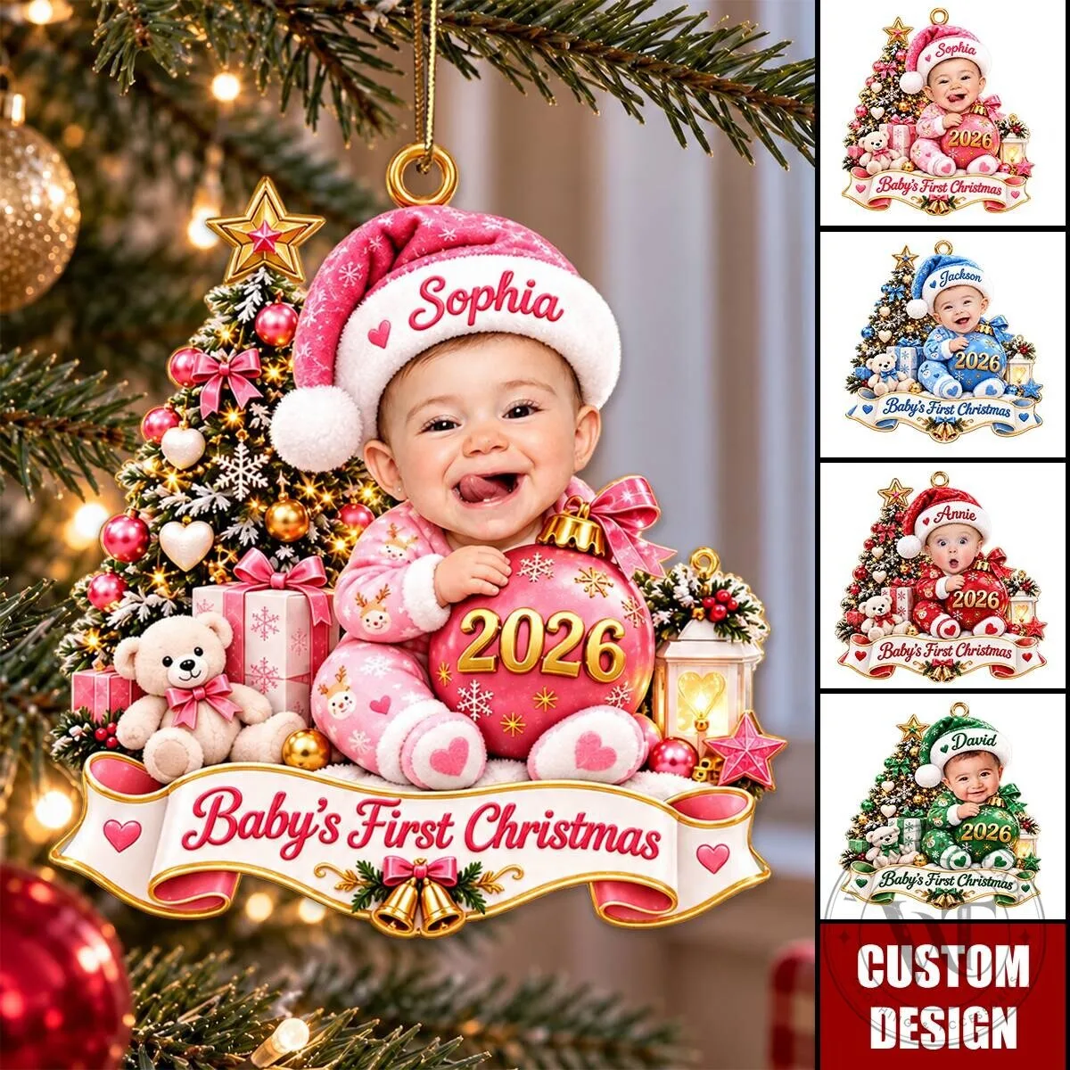 Custom Name and Year Baby's First Christmas Photo Ornament - Personalized Keepsake 7 Custom Name and Year Baby