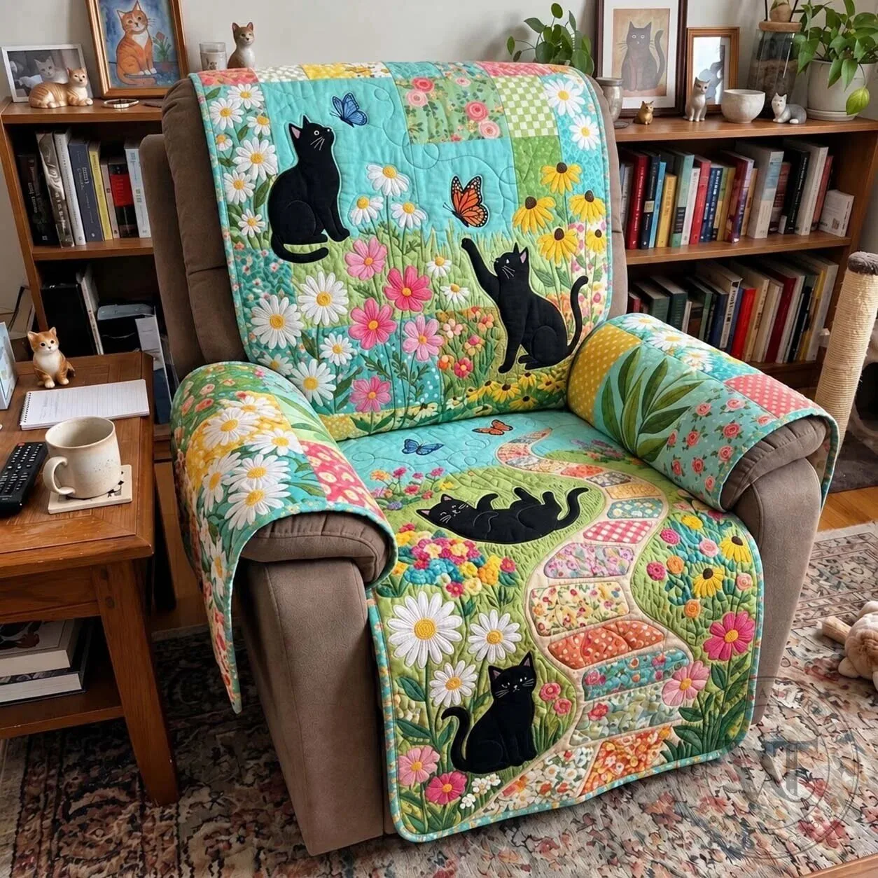 Patchwork Garden Cats Quilted Recliner Chair Cover with Floral and Butterfly Design