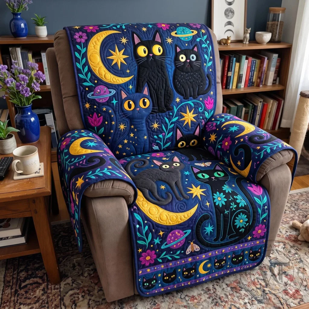 Folk Art Black Cats and Moon Celestial Quilted Sofa Cover Protector Folk Art Black Cats and Moon Celestial Quilted Sofa Cover Protector