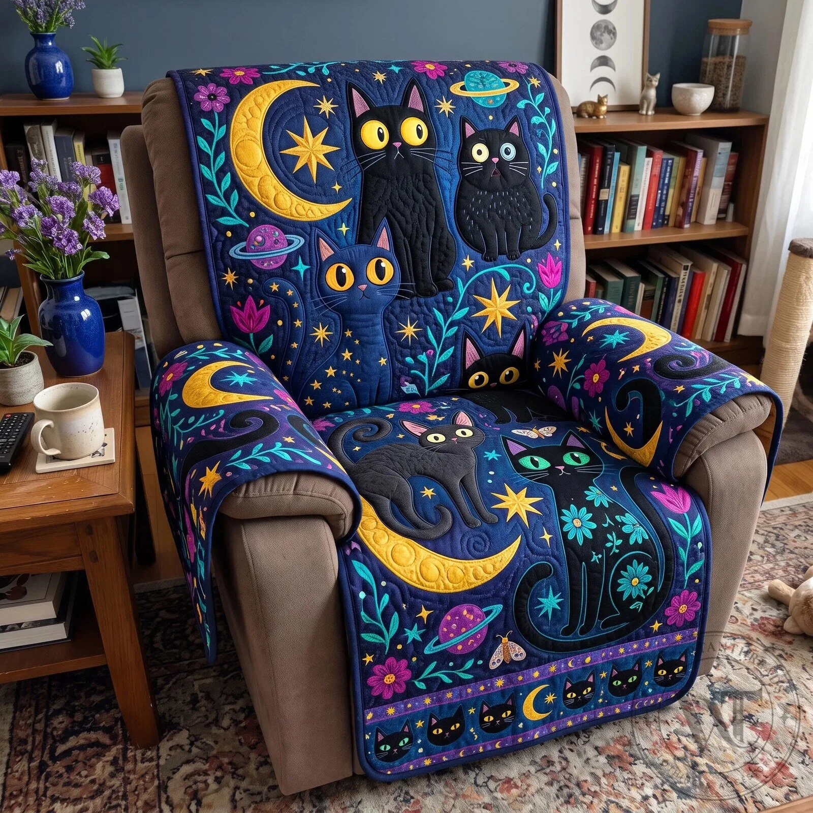 Folk Art Black Cats and Moon Celestial Quilted Sofa Cover Protector