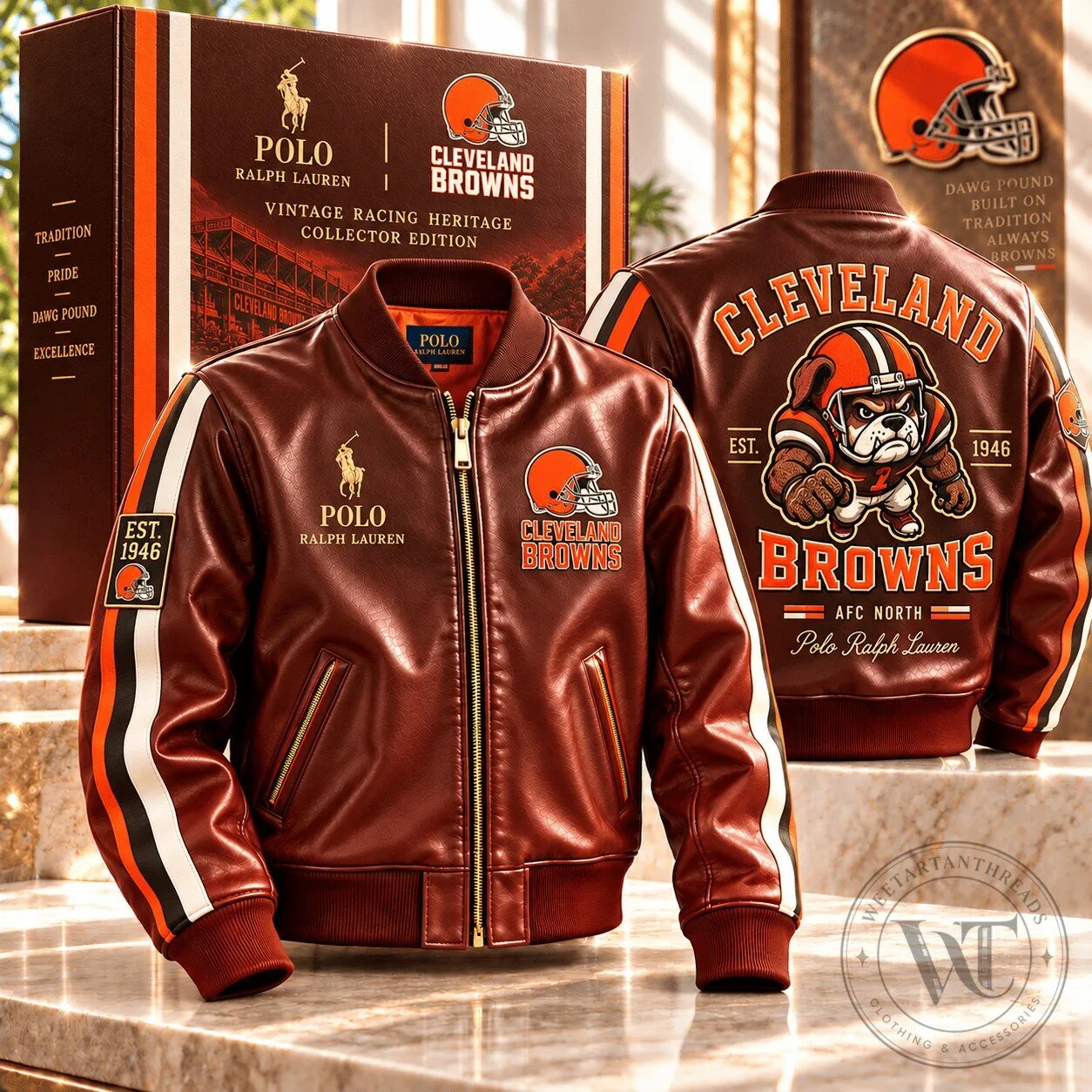 Cleveland Browns Polo Ralph Lauren Vintage Racing Heritage Leather Bomber Jacket