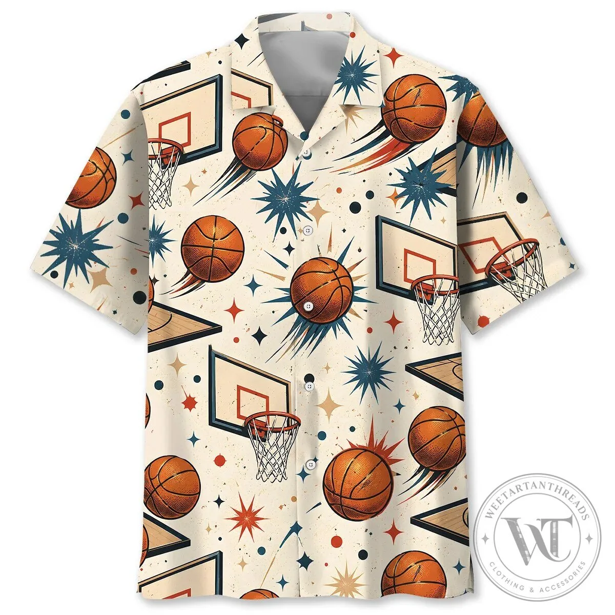 Vintage Basketball Hoop and Ball Pattern Hawaiian Shirt for Men