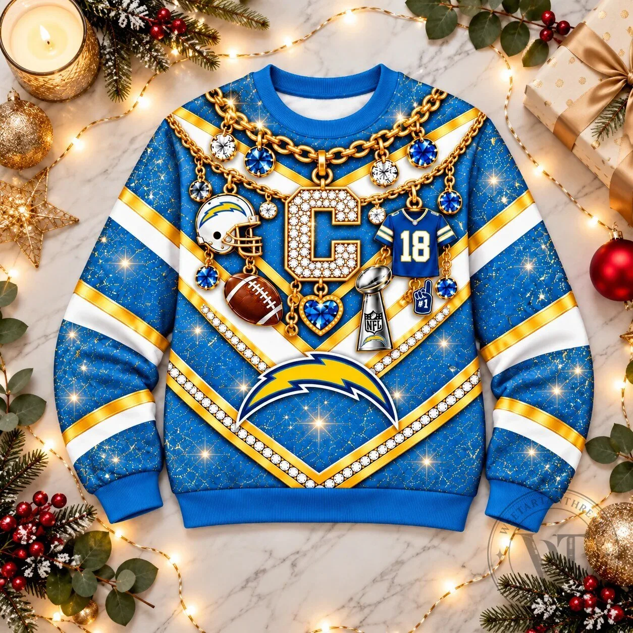 Los Angeles Chargers NFL Bling Diamond Chain Design Sweatshirt 7 Los Angeles Chargers NFL Bling Diamond Chain Design Sweatshirt