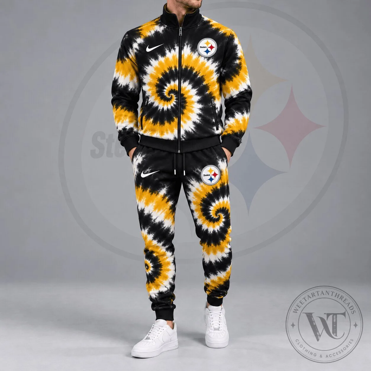 Pittsburgh Steelers Spiral Tie Dye Print Stand Collar Zip Up Jacket
