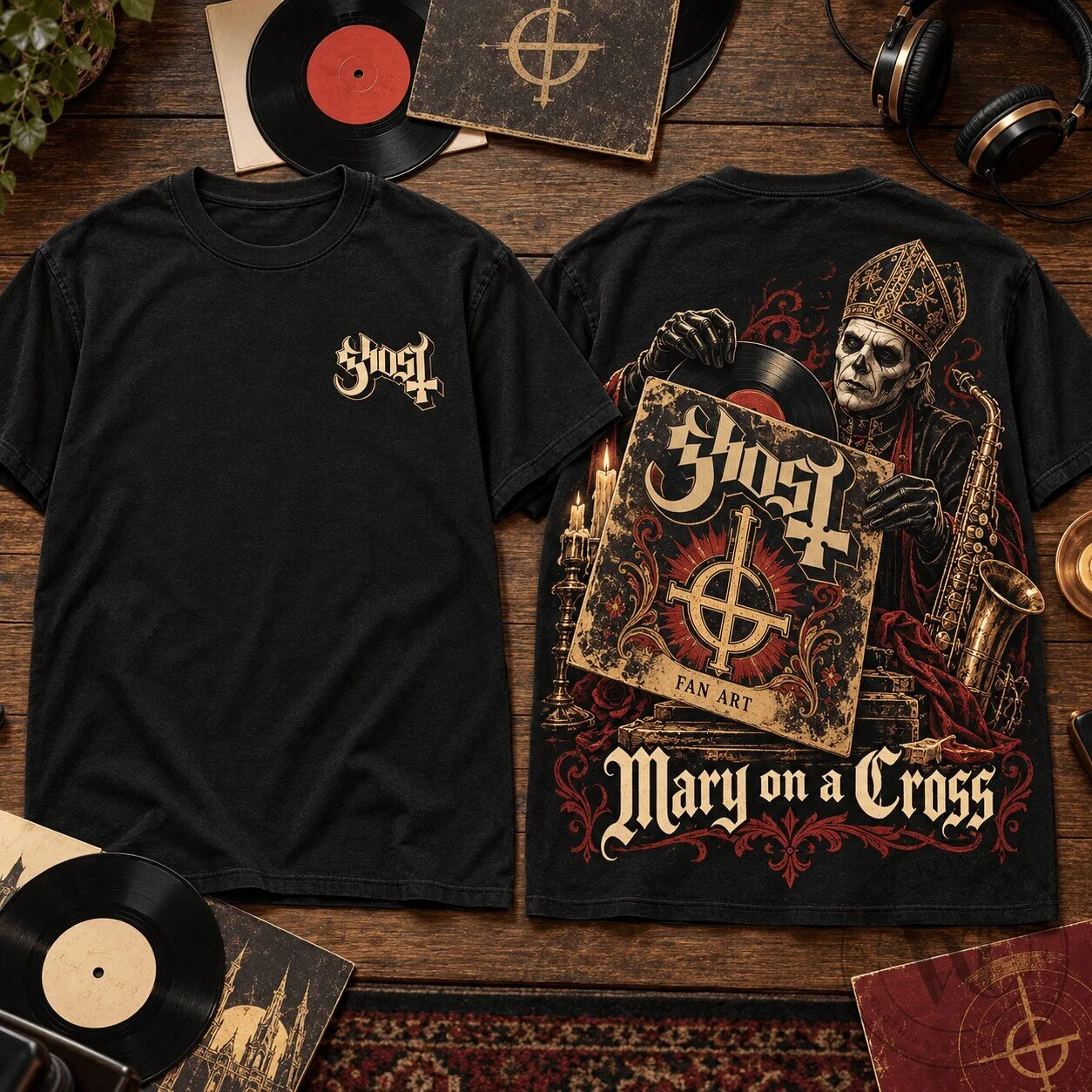 Ghost Papa Emeritus Mary on a Cross Fan Art Black T-Shirt for Concert Nights 1 Ghost Papa Emeritus Mary on a Cross Fan Art Black T-Shirt for Concert Nights