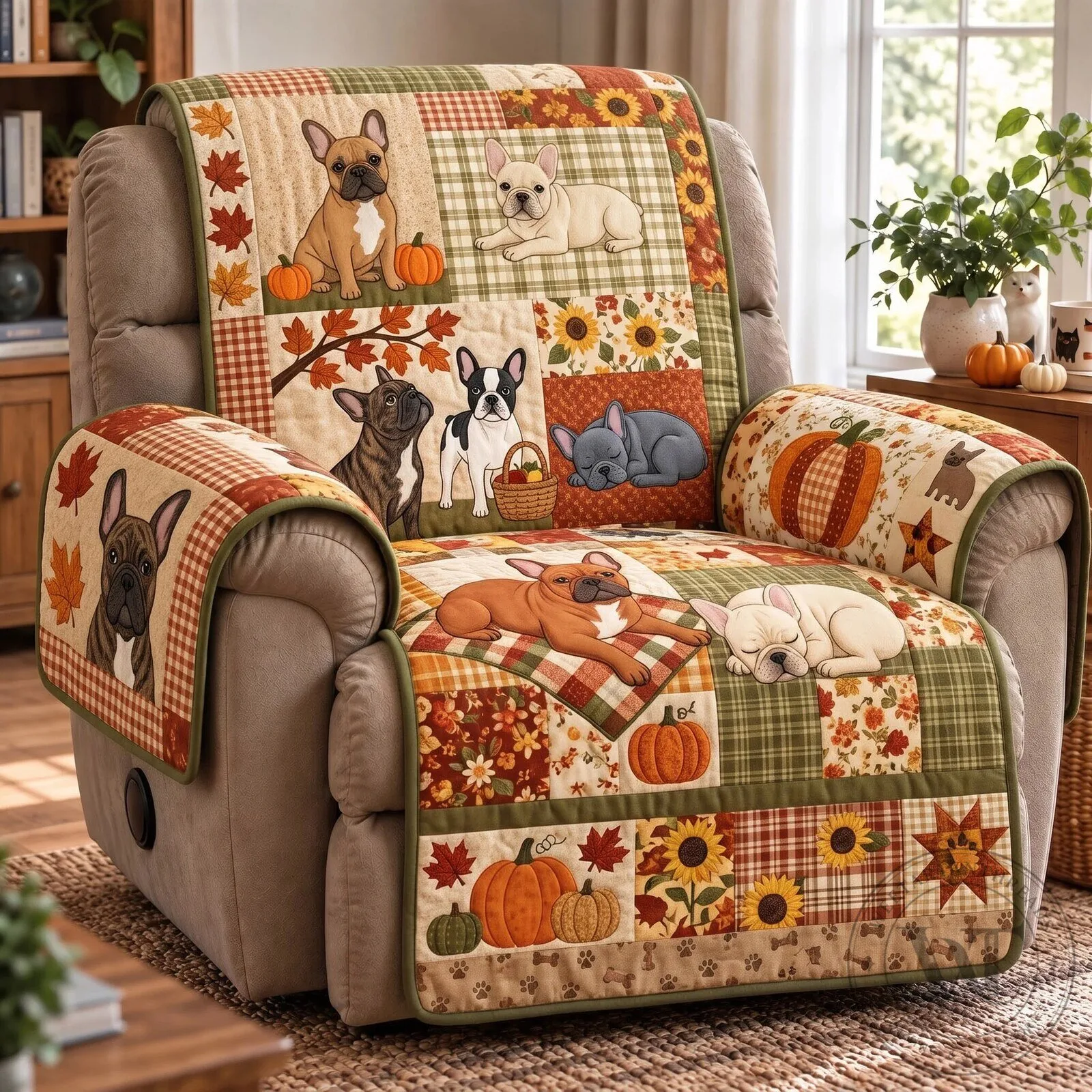 Autumn French Bulldog Patchwork Quilted Recliner Cover with Pumpkins and Sunflowers